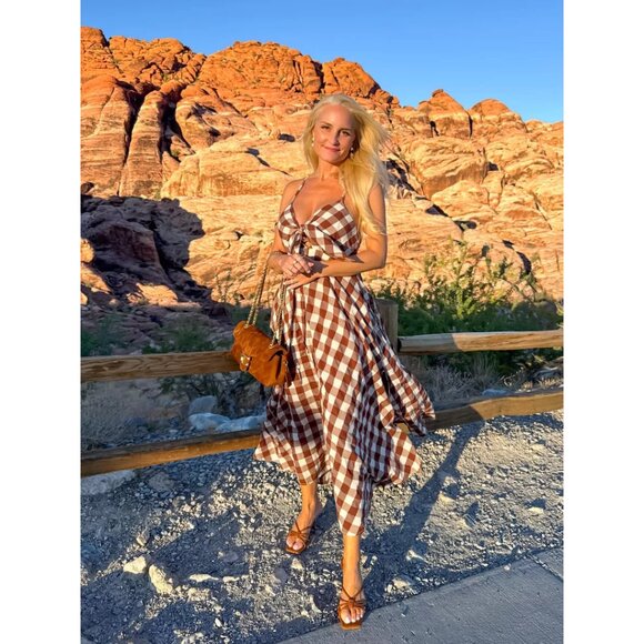 FREE PEOPLE Via Midi Dress in Brown Combo Everly Size Large - Picture 15 of 16